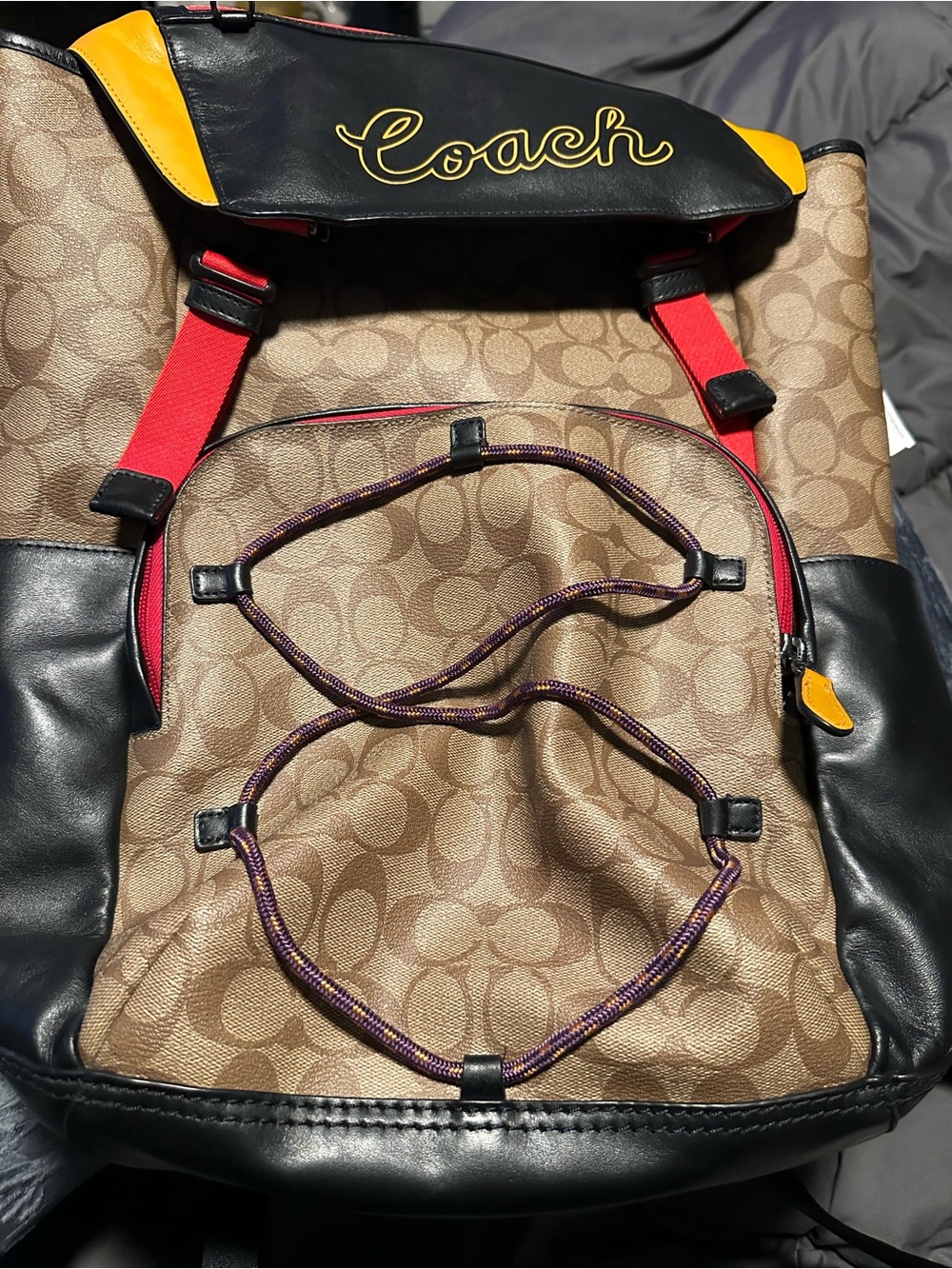 Coach Brown Signature Canvas Backpack with Red and Yellow Accents - Picture 2 of 5